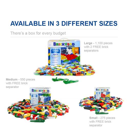  DynaMax and ships from Amazon Fulfillment. Brickyard Building Blocks Building Bricks - 1100 Pieces Toys Bulk Block Set with 154 Roof Pieces, 2 Free Brick Separators, and Reusable Storage Box, Compatible with All Major Brand