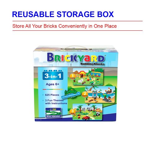  DynaMax and ships from Amazon Fulfillment. Brickyard Building Blocks 3-in-1 Building Bricks Set, 625 Pieces Compatible Brick Toys - Farm, Pirates, & Zoo Theme with Instructions, 2 Bonus Brick Separators, and Reusable Storag