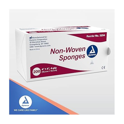  Dynarex Non-Woven Sponges, Non-Sterile, Gauze Sponges, for Cleansing, Prepping and Dressing, Highly-Absorbent and with Less Linting, 4