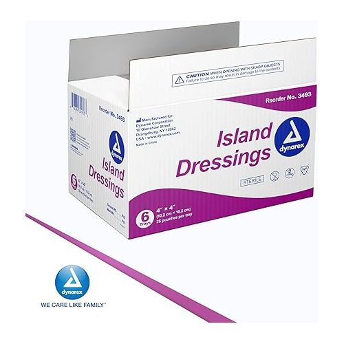  Dynarex Island Dressings - Sterile, Wound or Blister Dressing, Individually Packaged, Highly Absorbent Bandage Dressing, Adhesive Border, White, 4” x 4”- 6 Boxes of 25 Dressings