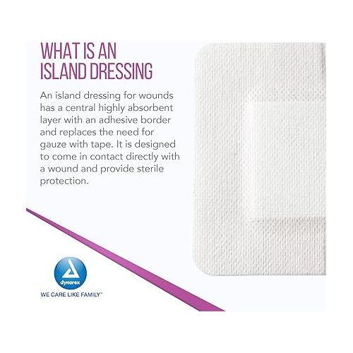  Dynarex Island Dressings - Sterile, Wound or Blister Dressing, Individually Packaged, Highly Absorbent Bandage Dressing, Adhesive Border, White, 4” x 4”- 6 Boxes of 25 Dressings