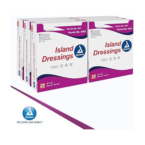  Dynarex Island Dressings - Sterile, Wound or Blister Dressing, Individually Packaged, Highly Absorbent Bandage Dressing, Adhesive Border, White, 4” x 4”- 6 Boxes of 25 Dressings