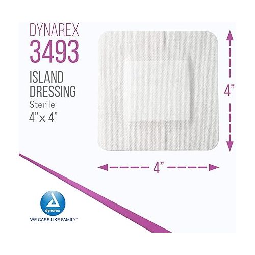  Dynarex Island Dressings - Sterile, Wound or Blister Dressing, Individually Packaged, Highly Absorbent Bandage Dressing, Adhesive Border, White, 4” x 4”- 6 Boxes of 25 Dressings