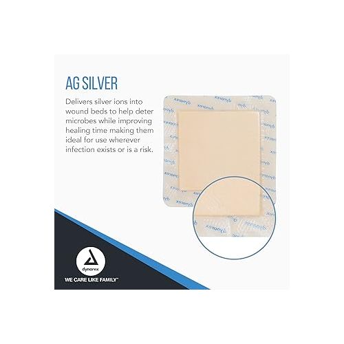  Dynarex SiliGentle AG Silver Silicone Foam Dressings, Wound Care, Soft & Absorbent, White, 6” x 6” Adhesive Foam Pad Dressing with Silicone Layer, 1 Box of 10 Non-Adhesive Silicone Foam Dressings