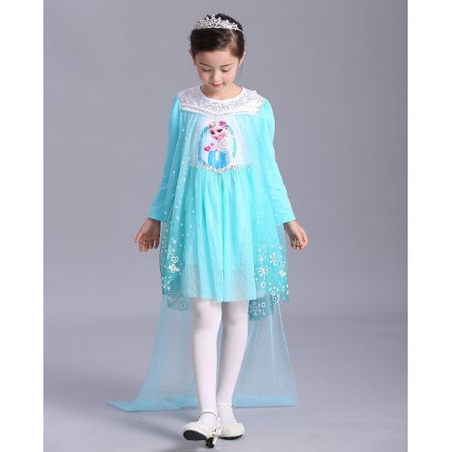  E-super Snow Queen Elsa Princess Girls Short/Long Sleeve Tutu Dress Costume with/No Cape