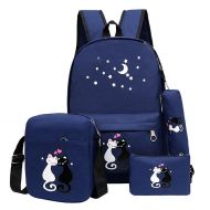 E-youth 4Pcs Cute Cat Backpack Casual Canvas School Backpack Book Bag for Girls women (Deep Blue)