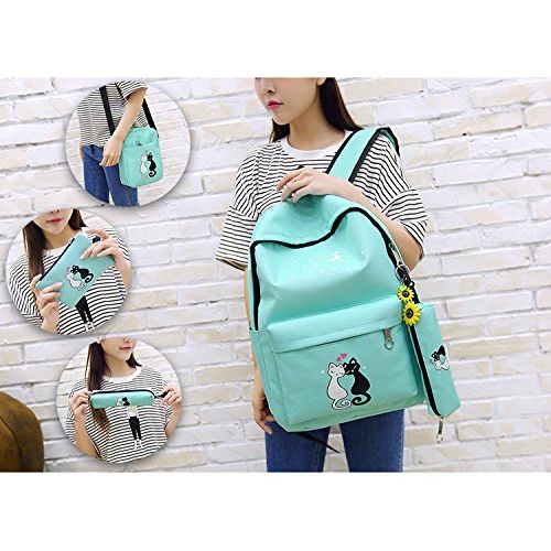  E-youth 4Pcs Cute Cat Backpack Casual Canvas School Backpack Book Bag for Girls women (Deep Blue)