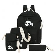 E-youth 4Pcs Cute Panda Backpack Lightweight Casual Canvas School Backpacks for Teen Girls (Black)