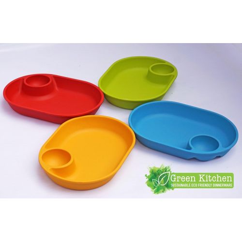  Green Kitchen Divided Kids Plates - Sectioned Bamboo Dishes From E4U - 4 Piece Set of Eco Friendly Wooden Snack Plates - Unbreakable Dishes for Kids and Spill Proof Fun Toddler Pla