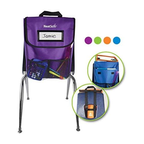  EAI Education NeatSeat Classroom Chair Organizer | Oversized Name-Tag Card, Dual Inner Pockets, One of Each Color: Blue, Lime Green, Orange, Purple, 16 x 12 with 1 1/2 Gusset, Set