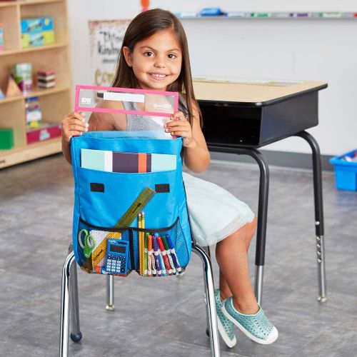  EAI Education NeatSeat Classroom Chair Organizer | Oversized Name-Tag Card, Dual Inner Pockets, One of Each Color: Blue, Lime Green, Orange, Purple, 16 x 12 with 1 1/2 Gusset, Set