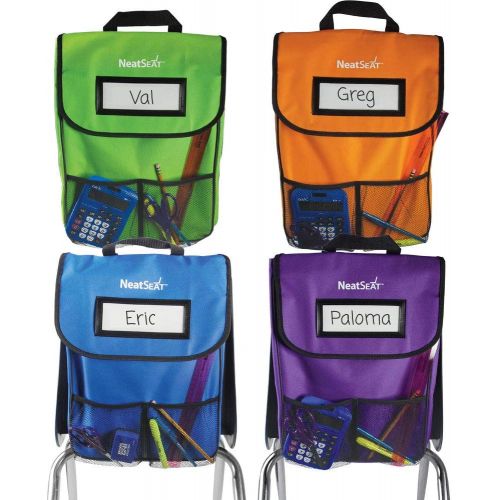  EAI Education NeatSeat Classroom Chair Organizer | Oversized Name-Tag Card, Dual Inner Pockets, One of Each Color: Blue, Lime Green, Orange, Purple, 16 x 12 with 1 1/2 Gusset, Set