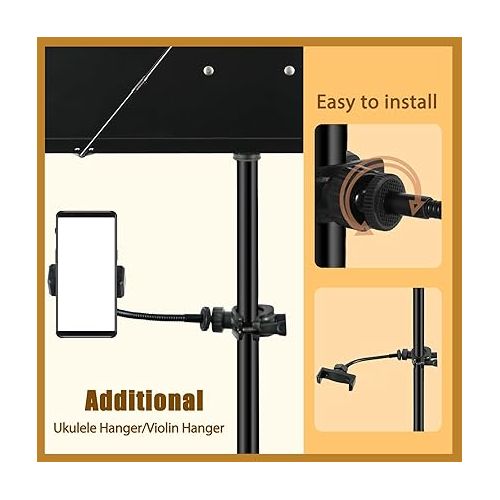  EASTROCK Black Metal Sheet Music Stand - Adjustable Music Stand with Mobile Phone Holder, Professional Music Book Holder, and Sheet Music Clip