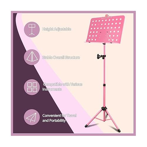  EASTROCK Pink Metal Sheet Music Stand with Violin Ukulele Hanger Holder - Adjustable Music Stand, Professional Music Book Holder, and Sheet Music Clip