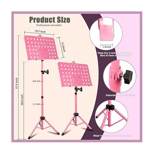  EASTROCK Pink Metal Sheet Music Stand with Violin Ukulele Hanger Holder - Adjustable Music Stand, Professional Music Book Holder, and Sheet Music Clip