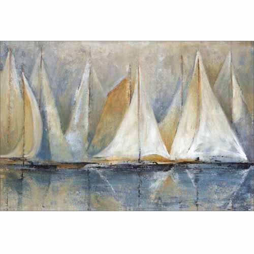  EAZL Traditional Elegant Sailboats on Water Coastal Painting Blue & Tan Canvas Art by Pied Piper Creative