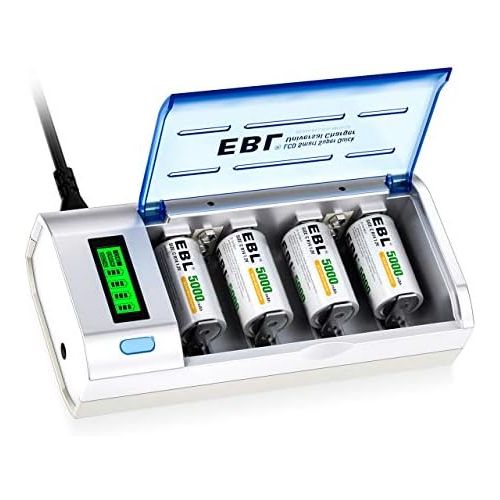  [아마존베스트]EBL 906 Smart Charger for AA AAA C D 9V Rechargeable Batteries with 4 Pieces 5000mAh C Rechargeable Batteries