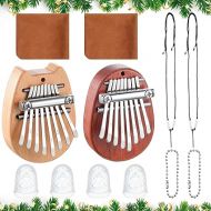 eBoot 10 Pieces 8 Keys Mini Piano Set Include Finger Thumb Piano with Lanyard Chain, Finger Protector and Cleaning Cloth Christmas Gift for Kids Adults Beginners(Oval, Cat Shaped, Wood)
