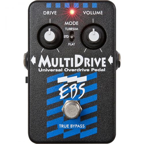  EBS},description:The EBS MultiDrive is a Class A overdrive pedal capable of producing sustain, distortion, and tube-style overdrive effects. The mode switch selects flat, standard,