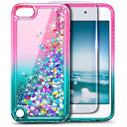  [아마존베스트]iPod Touch 7 Case, iPod Touch 5/6 Case with Screen Protector, E-Began Glitter Liquid Floating Gradient Quicksand Bling Diamond, Durable Girls Cute Case for iPod Touch 7th/6th/5th G