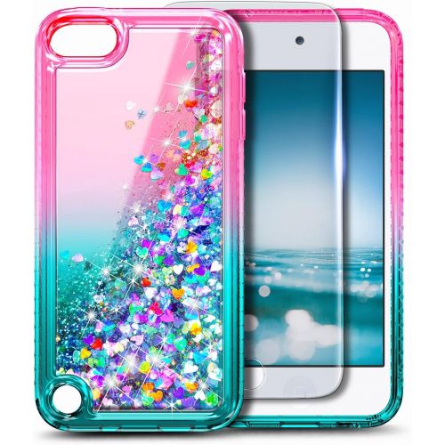  [아마존베스트]iPod Touch 7 Case, iPod Touch 5/6 Case with Screen Protector, E-Began Glitter Liquid Floating Gradient Quicksand Bling Diamond, Durable Girls Cute Case for iPod Touch 7th/6th/5th G