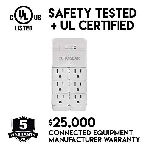  [아마존베스트]ECHOGEAR On-Wall Surge Protector with 6 Pivoting AC Outlets & 1080 Joules of Surge Protection - Low Profile Design Installs Over Existing Outlets to Protect Your Gear & Increase Ou