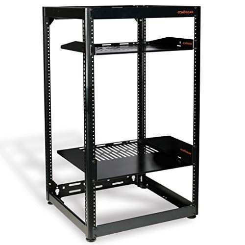  ECHOGEAR 20U Open Frame Rack for Servers & AV Gear - Heavy Duty 4 Post Design Includes 2 Vented Shelves & is Wall Mountable