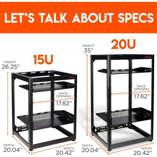  ECHOGEAR 20U Open Frame Rack for Servers & AV Gear - Heavy Duty 4 Post Design Includes 2 Vented Shelves & is Wall Mountable