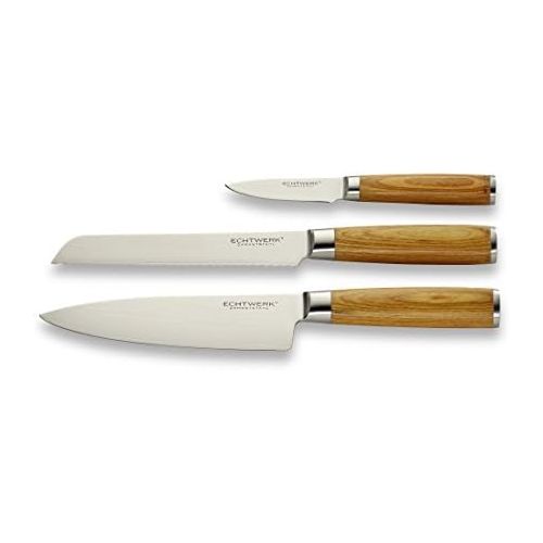  [아마존베스트]Echtwerk Damascus Knife Set 3-Piece Kitchen Knives, Damascus Knives with Wooden Handle, Brown/Silver, 36 x 15.5 x 3.4 cm