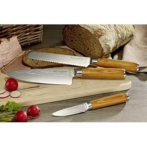  [아마존베스트]Echtwerk Damascus Knife Set 3-Piece Kitchen Knives, Damascus Knives with Wooden Handle, Brown/Silver, 36 x 15.5 x 3.4 cm