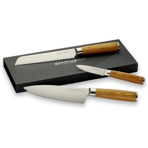  [아마존베스트]Echtwerk Damascus Knife Set 3-Piece Kitchen Knives, Damascus Knives with Wooden Handle, Brown/Silver, 36 x 15.5 x 3.4 cm