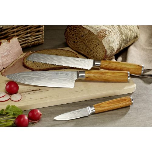  [아마존베스트]Echtwerk Damascus Knife Set 3-Piece Kitchen Knives, Damascus Knives with Wooden Handle, Brown/Silver, 36 x 15.5 x 3.4 cm