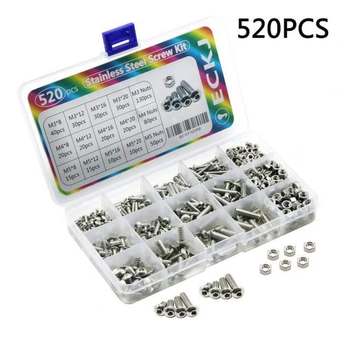  ECKJ Bolt NUT Kit 520pcs M3 M4 M5 Machine Screws Stainless Steel Hex Socket Head Cap Screws Nuts Assortment Kit (304 Stainless Steel)