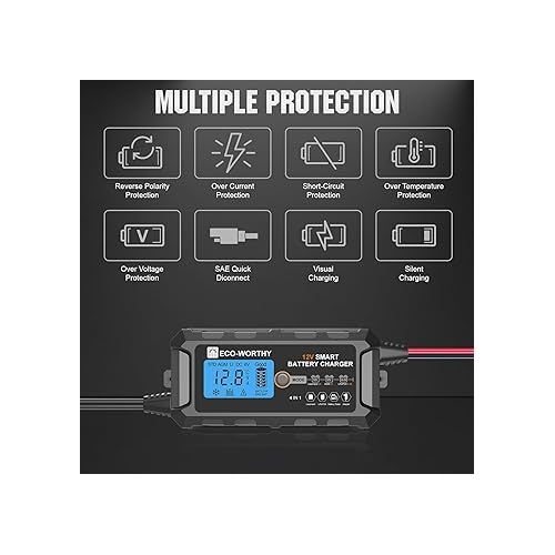  ECO-WORTHY 5Amp 12V Automatic Smart Battery Charger and Maintainer with LCD Display for Lead Acid and Lithium (LiFePO4) Battery