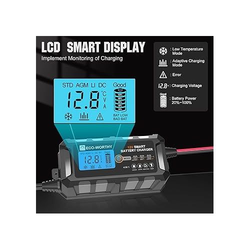  ECO-WORTHY 5Amp 12V Automatic Smart Battery Charger and Maintainer with LCD Display for Lead Acid and Lithium (LiFePO4) Battery