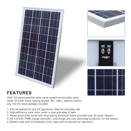  [아마존 핫딜]  [아마존핫딜]ECO-WORTHY ECOWORTHY 12V 25W Sonnenkollektorsystem: 1pc 25W Polykristallines PV-Panel mit 3 Draht- und 30A-Batterieklemmen mit 6-Fuss-Verlangerungskabel & 3A 12V / 24V-Sonnenkollektor