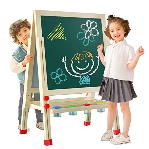  [아마존베스트]ECOCONUT Wooden Kids Art Easel, Double-Sided Whiteboard and Chalkboard with Accessories, Adjustable Standing Easel Adapt for 2-14 Aged Children, Birthday Xmas Gift for Kids