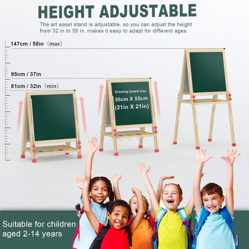  [아마존베스트]ECOCONUT Wooden Kids Art Easel, Double-Sided Whiteboard and Chalkboard with Accessories, Adjustable Standing Easel Adapt for 2-14 Aged Children, Birthday Xmas Gift for Kids