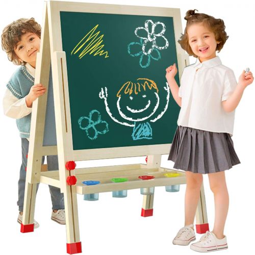  [아마존베스트]ECOCONUT Wooden Kids Art Easel, Double-Sided Whiteboard and Chalkboard with Accessories, Adjustable Standing Easel Adapt for 2-14 Aged Children, Birthday Xmas Gift for Kids