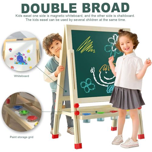  [아마존베스트]ECOCONUT Wooden Kids Art Easel, Double-Sided Whiteboard and Chalkboard with Accessories, Adjustable Standing Easel Adapt for 2-14 Aged Children, Birthday Xmas Gift for Kids