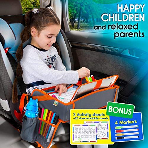  [아마존베스트]EcoFantasy US Kids Travel Car Seat Tray - Toddlers Carseat Tray Organizer - Large Tablet & Cup Holder - Waterproof Food & Snack Lap Tray - Road Trip Activities for Kids - Travel Games for Kid