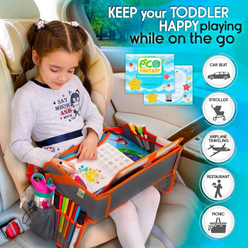  [아마존베스트]EcoFantasy US Kids Travel Car Seat Tray - Toddlers Carseat Tray Organizer - Large Tablet & Cup Holder - Waterproof Food & Snack Lap Tray - Road Trip Activities for Kids - Travel Games for Kid