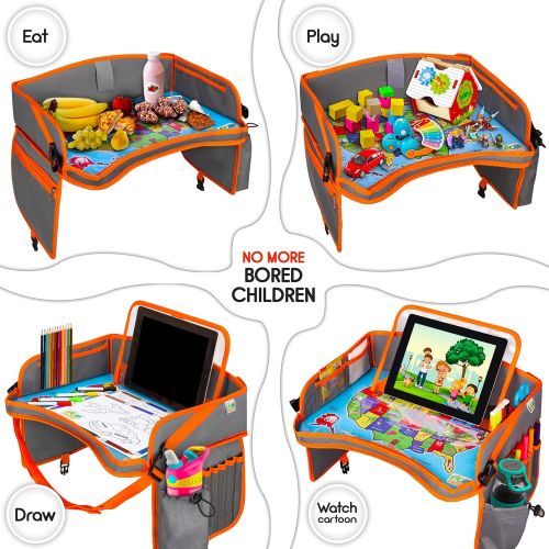 [아마존베스트]EcoFantasy US Kids Travel Car Seat Tray - Toddlers Carseat Tray Organizer - Large Tablet & Cup Holder - Waterproof Food & Snack Lap Tray - Road Trip Activities for Kids - Travel Games for Kid