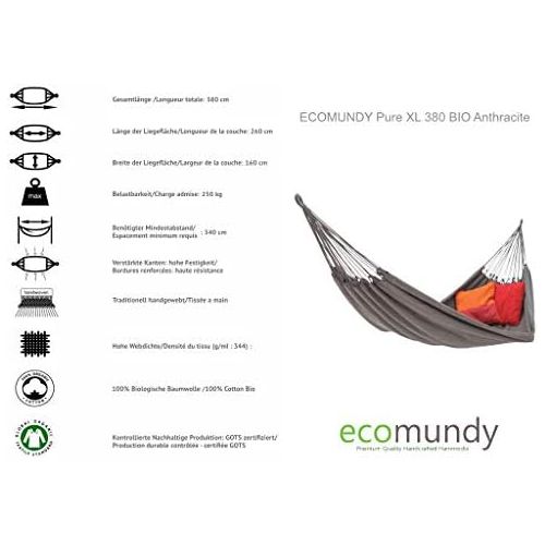  Besuchen Sie den ECOMUNDY-Store ECOMUNDY Pure Bio XL 380 - Moderne Hangematte - 2 Personen - Anthrazit - handgewebt - Bio Baumwolle - GOTS - 160x260x380 cm - 250 kg -