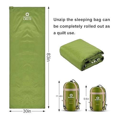  ECOOPRO Warm Weather Sleeping Bag - Portable, Waterproof, Compact Lightweight, Comfort with Compression Sack - Great for Outdoor Camping, Backpacking & Hiking-83 L x 30