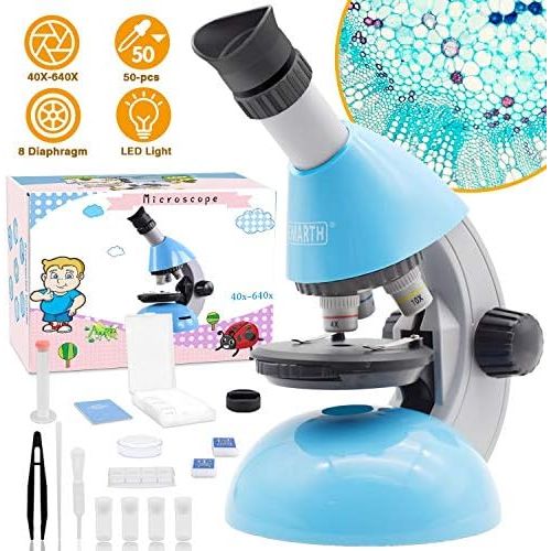  [아마존베스트]ECOOPRO Elecfly Microscope, Kids Microscope 40X- 640X with Science Kits Beginners Microscope Includes 25 Slides for Student Children-Blue