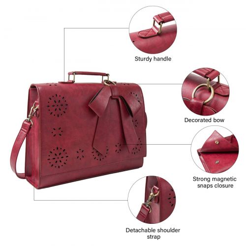  ECOSUSI Ladies PU Leather Laptop Bag Briefcase Crossbody Messenger Bags Satchel Purse Fit 14 inches Laptop, Red
