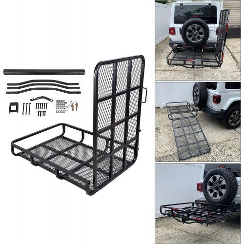  ECOTRIC Hitch-Mounted Cargo Carrier with Mobility Ramp for Wheelchair Scooter Lawn Mower Snow Blower Hauler 500lb Capacity Basket-Style