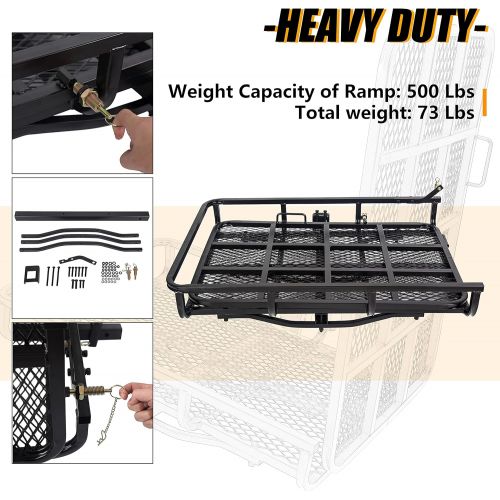  ECOTRIC Hitch-Mounted Cargo Carrier with Mobility Ramp for Wheelchair Scooter Lawn Mower Snow Blower Hauler 500lb Capacity Basket-Style