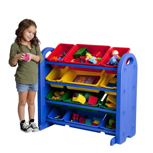  ECR4Kids 3Tier Toy Storage Organizer for Kids, Blue with 12 Assorted Color Bins